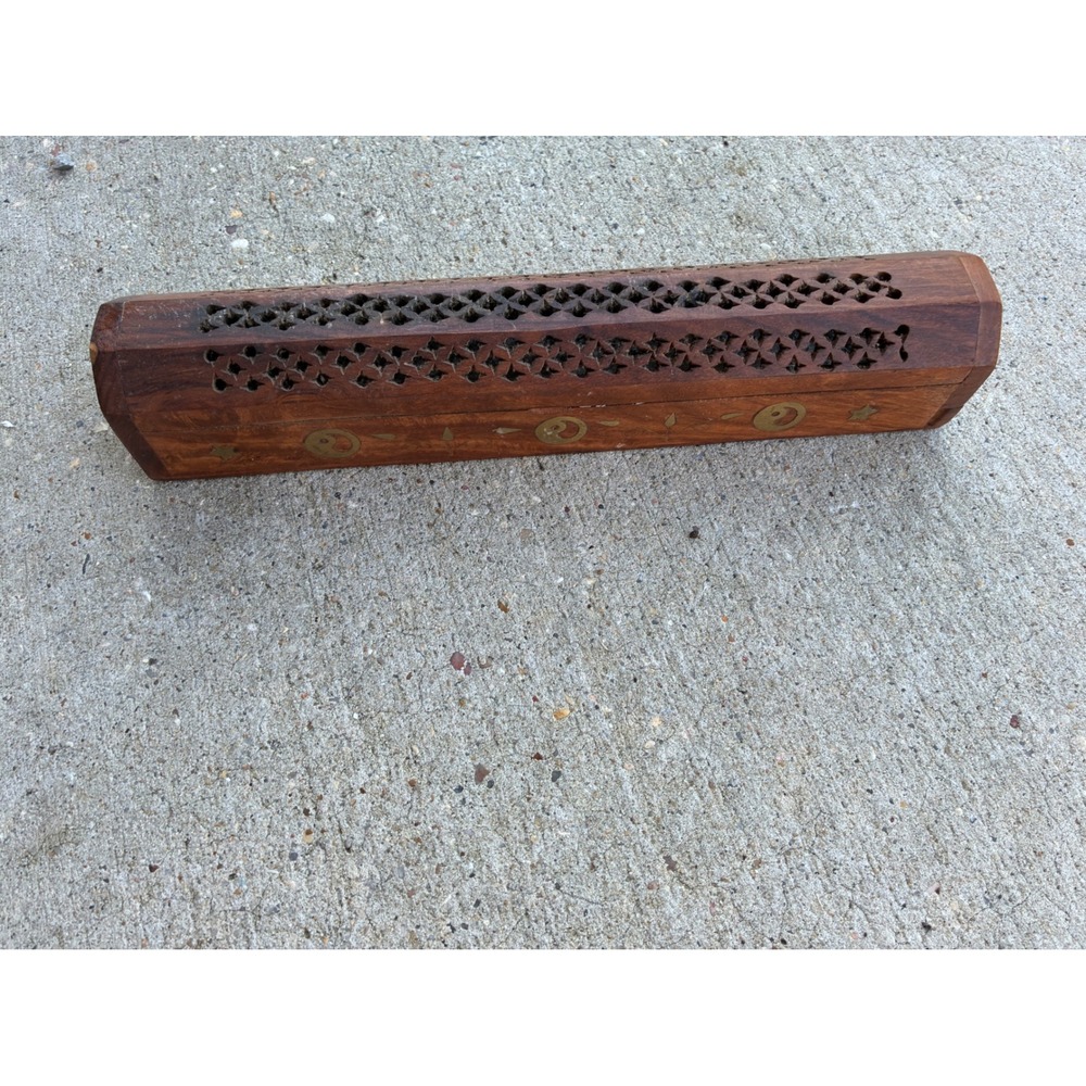 Vintage Jansons Wooden Incense Burner Box Brass Yin Yang Inlay Made in India